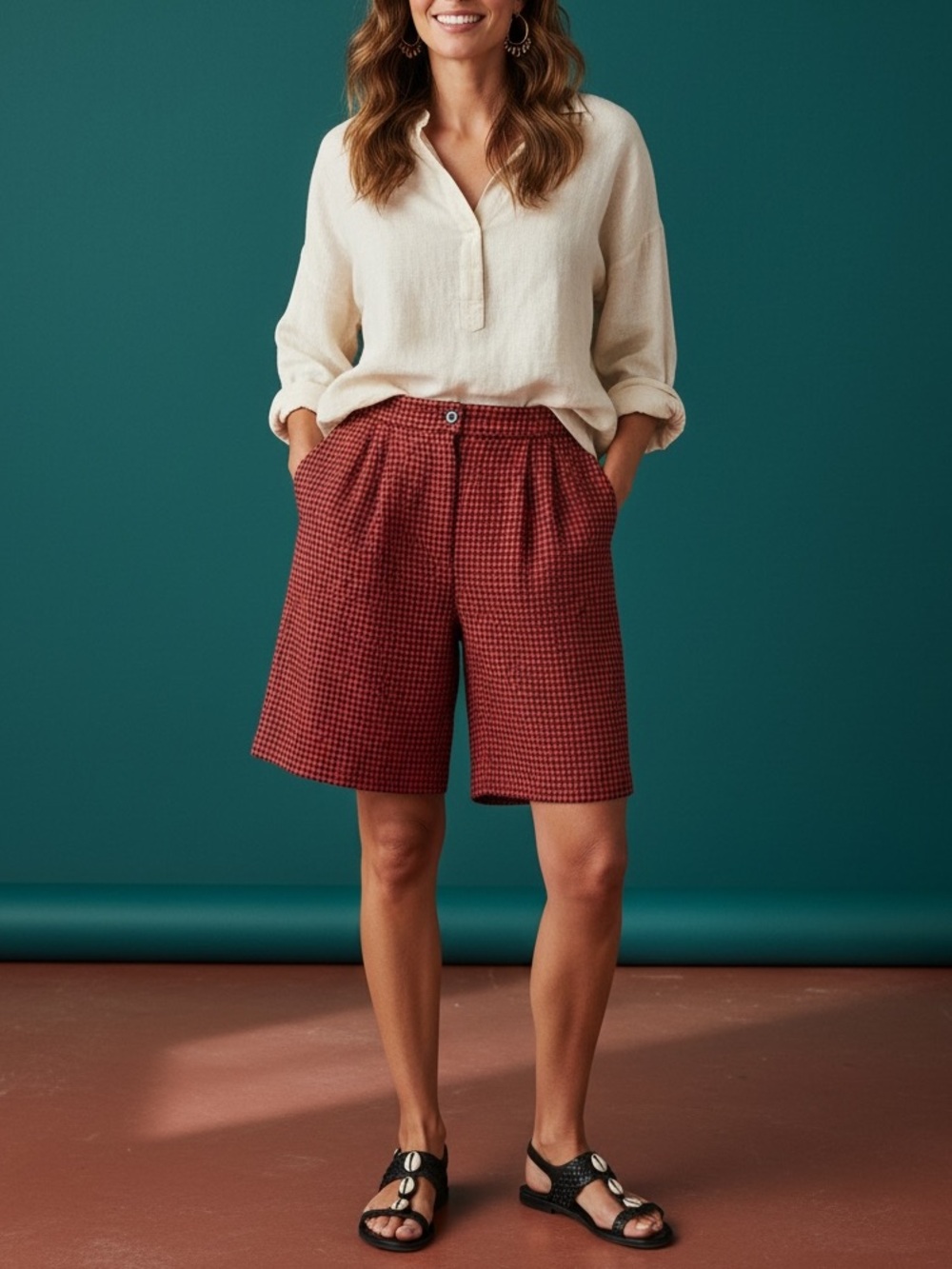 Vtg 80s Carlisle Sport Red Houndstooth Silk Pleated Bermuda Shorts Sz 6 90s EUC